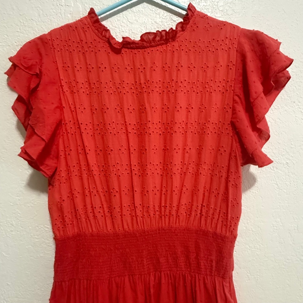 Solitaire CORAL Eyelet Smocked Maxi Dress Flutter Sleeve Boho Womens Large - Picture 10 of 15